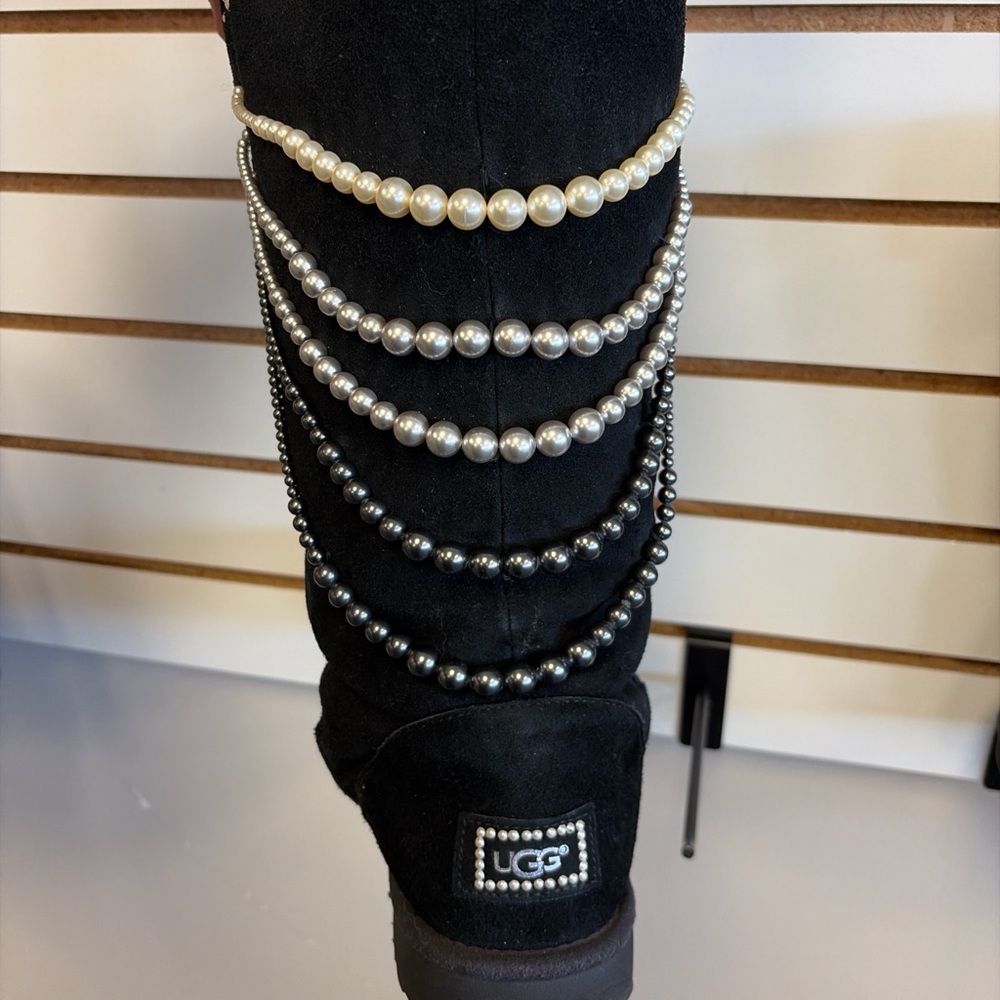 UGG Black Suede Women's Boots with Pearl Accents - Picture 2 of 3